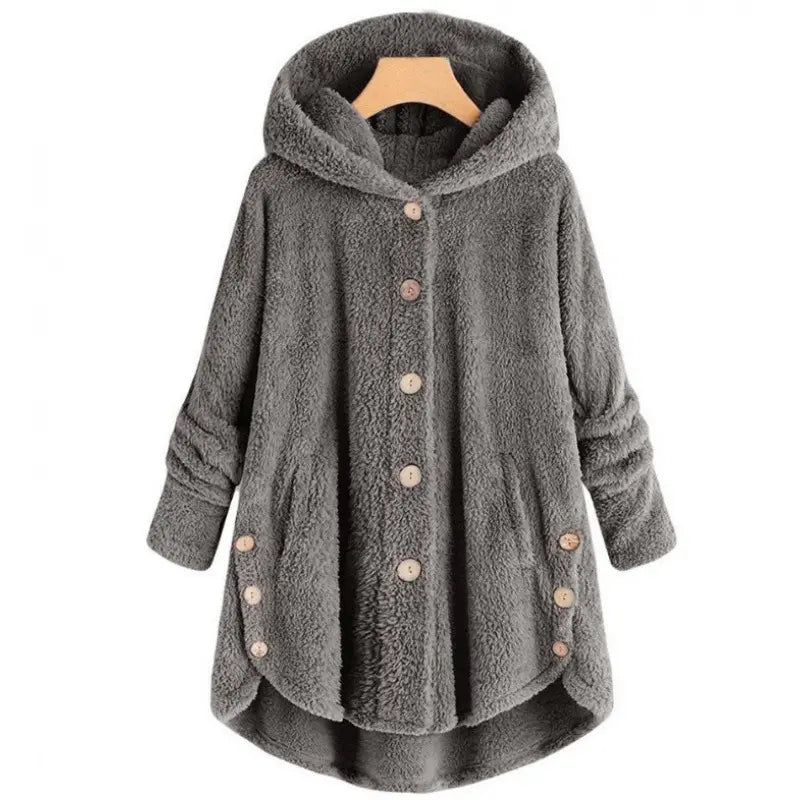 Women's Plush Round Neck Winter Coat – Thick Warm Button-Front Jacket with Asymmetric Hem