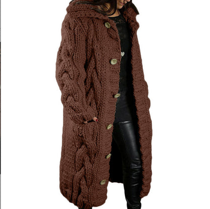 Women's Oversized Cable Knit Hooded Long Cardigan – Button-Front Sweater Coat, Plus Size S–5XL