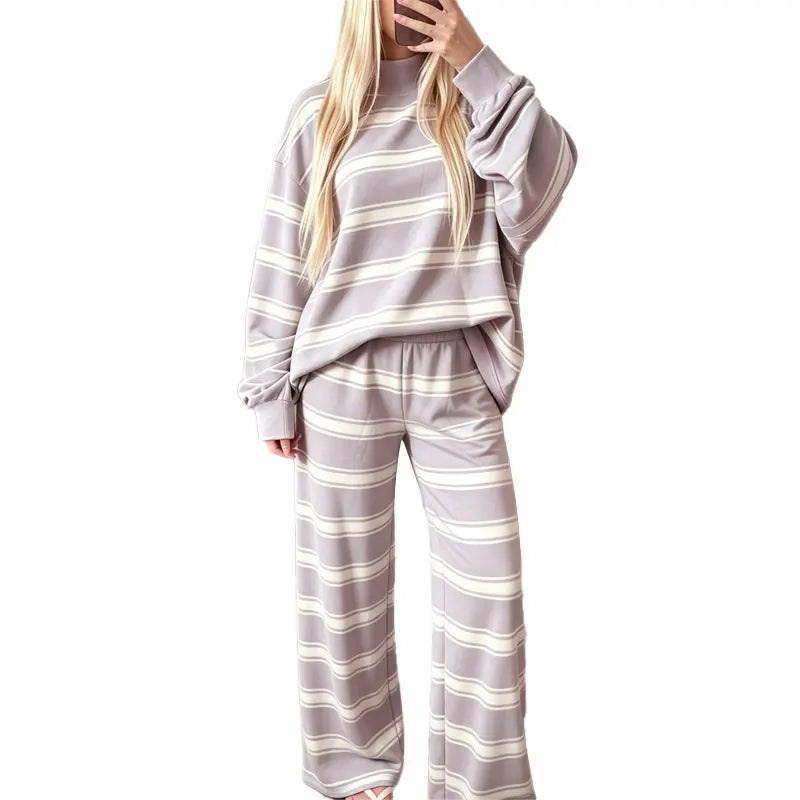 Women's Striped 2 Piece Set – Oversized Mock Neck Top & Wide Leg Pants
