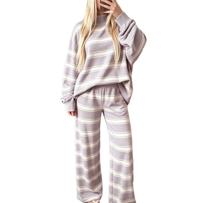 Women's Striped 2 Piece Set – Oversized Mock Neck Top & Wide Leg Pants