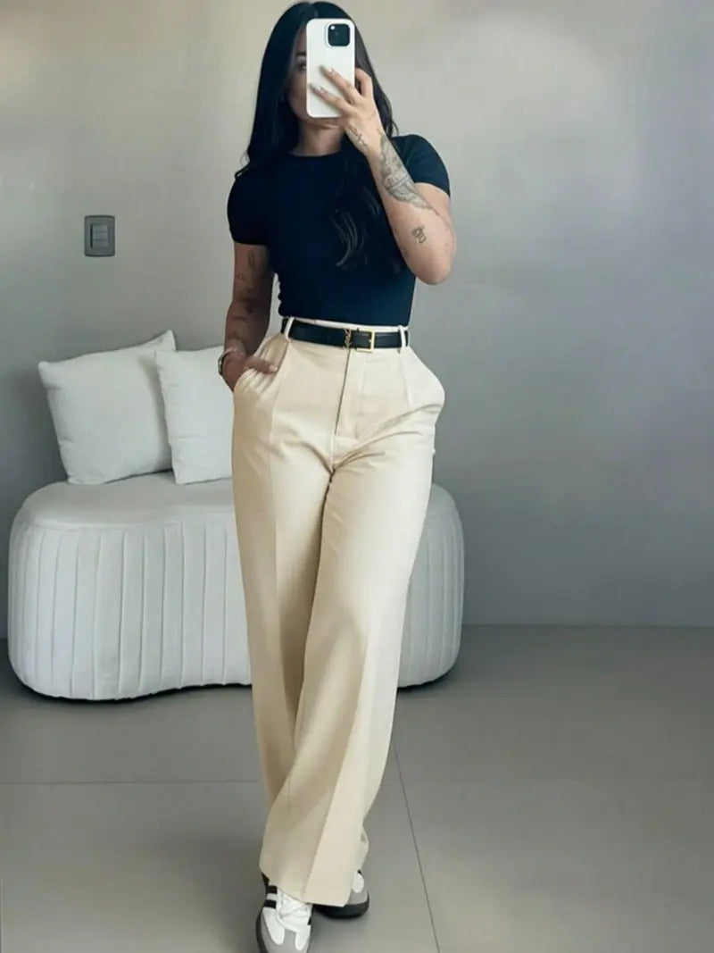 Women’s High-Waisted Suit Pants with Flowy Straight Leg