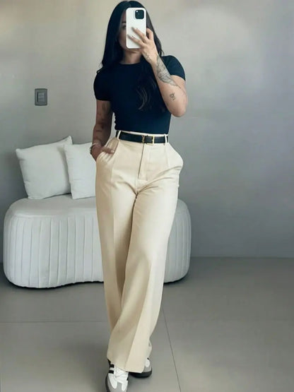 Women’s High-Waisted Suit Pants with Flowy Straight Leg