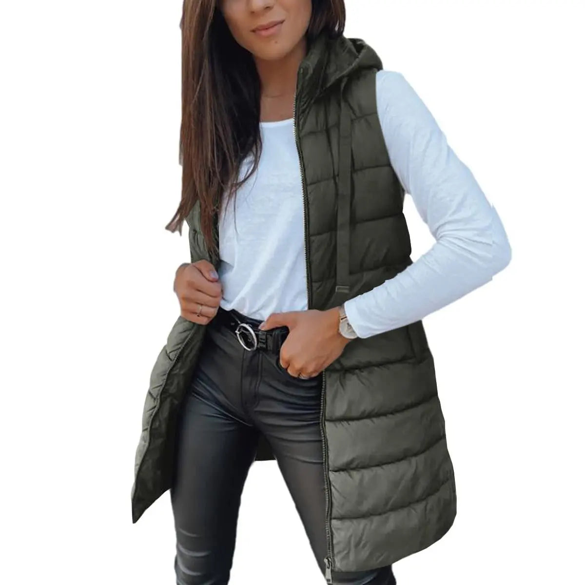 Women Long Puffer Vest Solid Color Sleeveless Hooded Winter Outwear