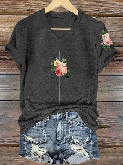 Women's Vintage Floral Metal Cross Print Short Sleeve T-Shirt