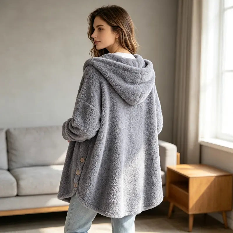 Women's Plush Round Neck Winter Coat – Thick Warm Button-Front Jacket with Asymmetric Hem