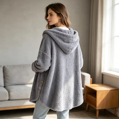 Women's Plush Round Neck Winter Coat – Thick Warm Button-Front Jacket with Asymmetric Hem