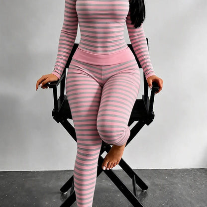 Women's Striped Pajama Set – Slim-Fit Long Sleeve Top & Fold-Over Waist Pants Loungewear