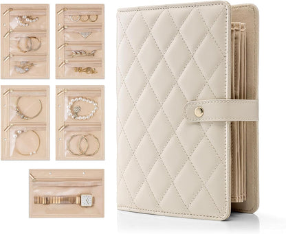 Jewelry Book Organizer - Leather Travel Jewelry Case with 5 Detachable Pages for Necklaces, Rings, Earrings, Tangle-Free, Giftable,Seashell Pink