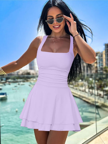 Women's Square Neck Ruffle Hem Mini Dress
