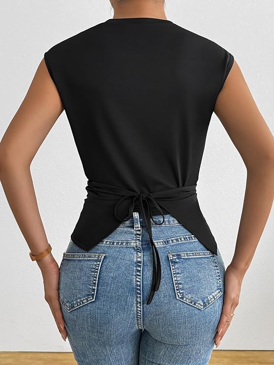 Cinched Wrap Top — Cap Sleeve Tie-Back Blouse