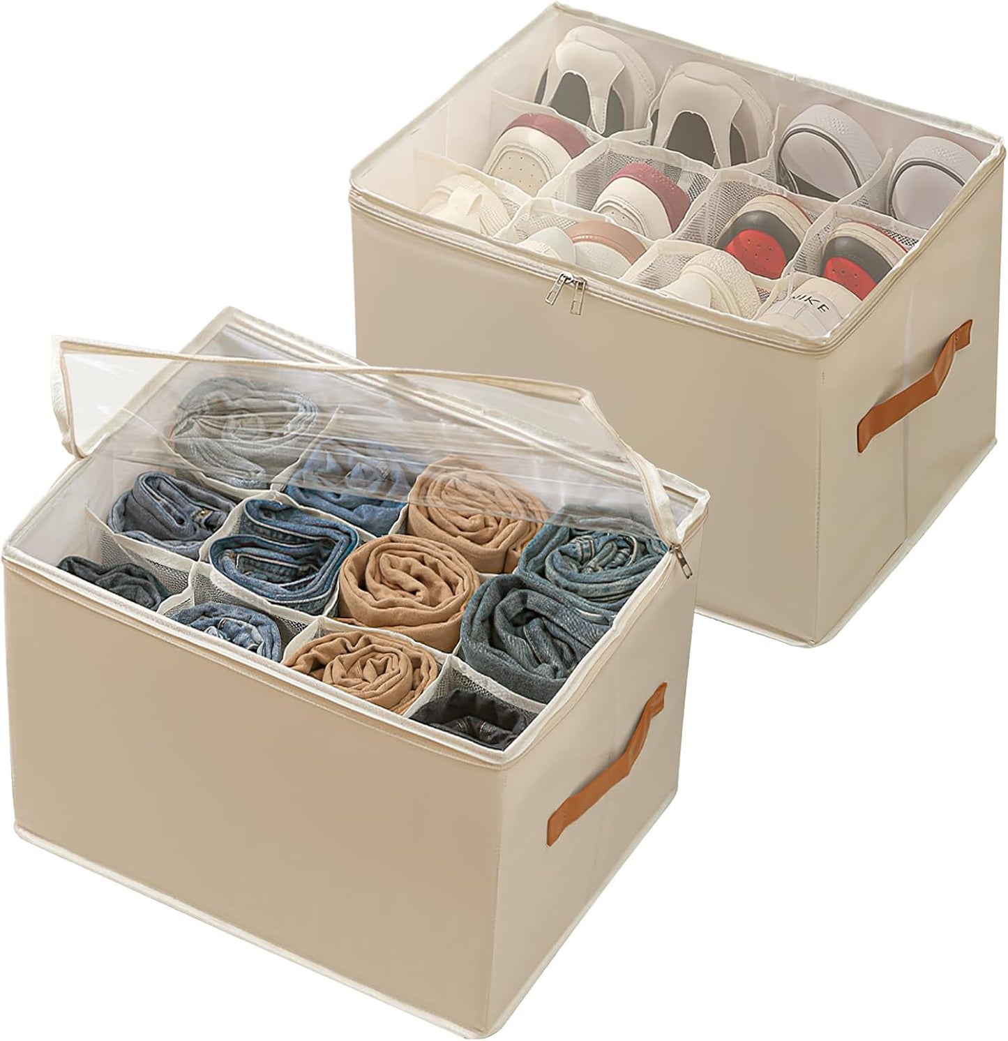 Foldable Shoe Storage Organizer with 12 Compartments, Stackable Closet Shoe Box with Clear Window and Removable Dividers, Holds 6-12 Pairs