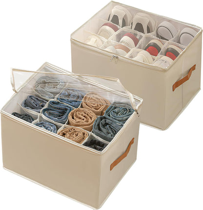 Foldable Shoe Storage Organizer with 12 Compartments, Stackable Closet Shoe Box with Clear Window and Removable Dividers, Holds 6-12 Pairs