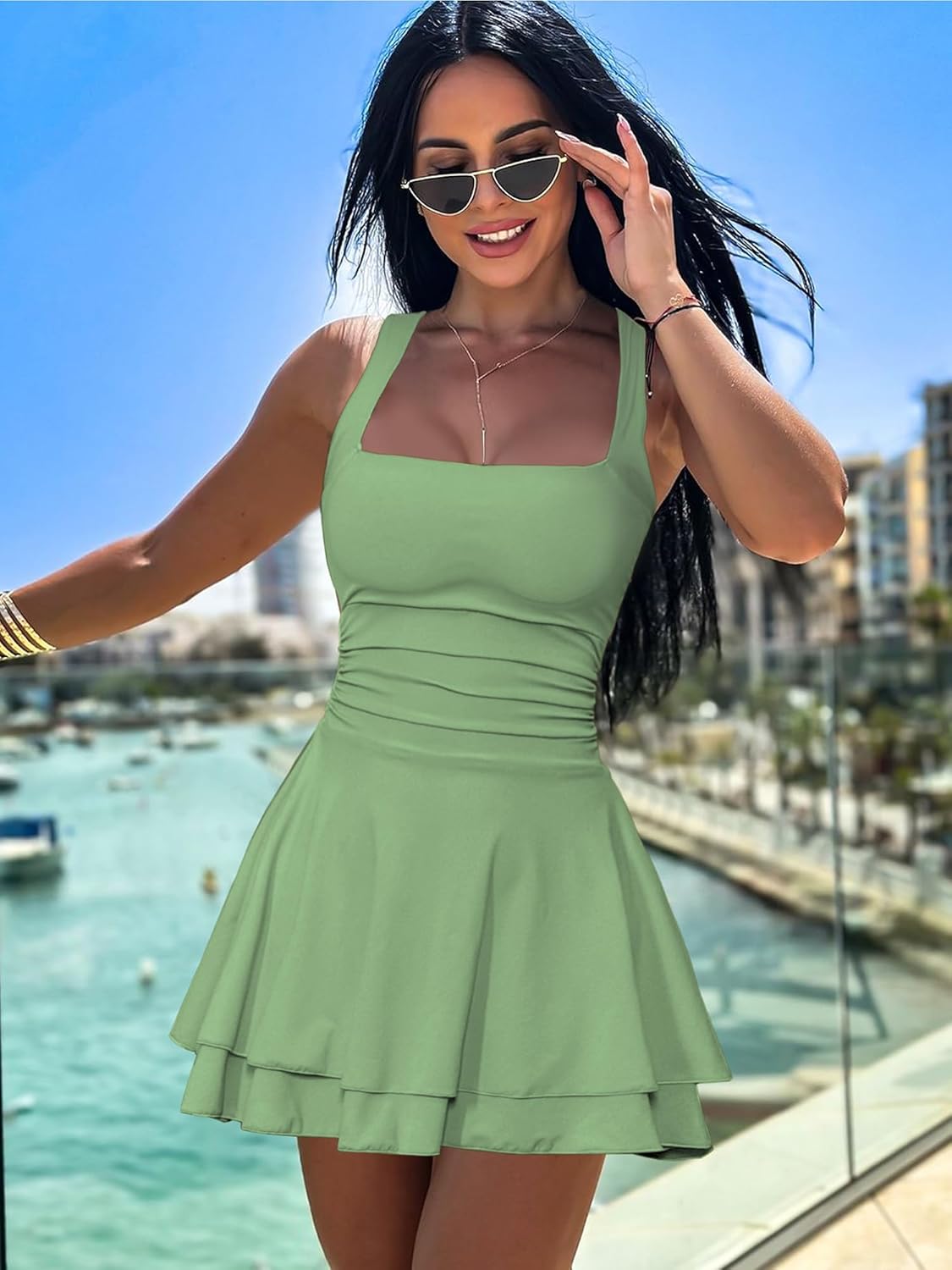 Women's Square Neck Ruffle Hem Mini Dress