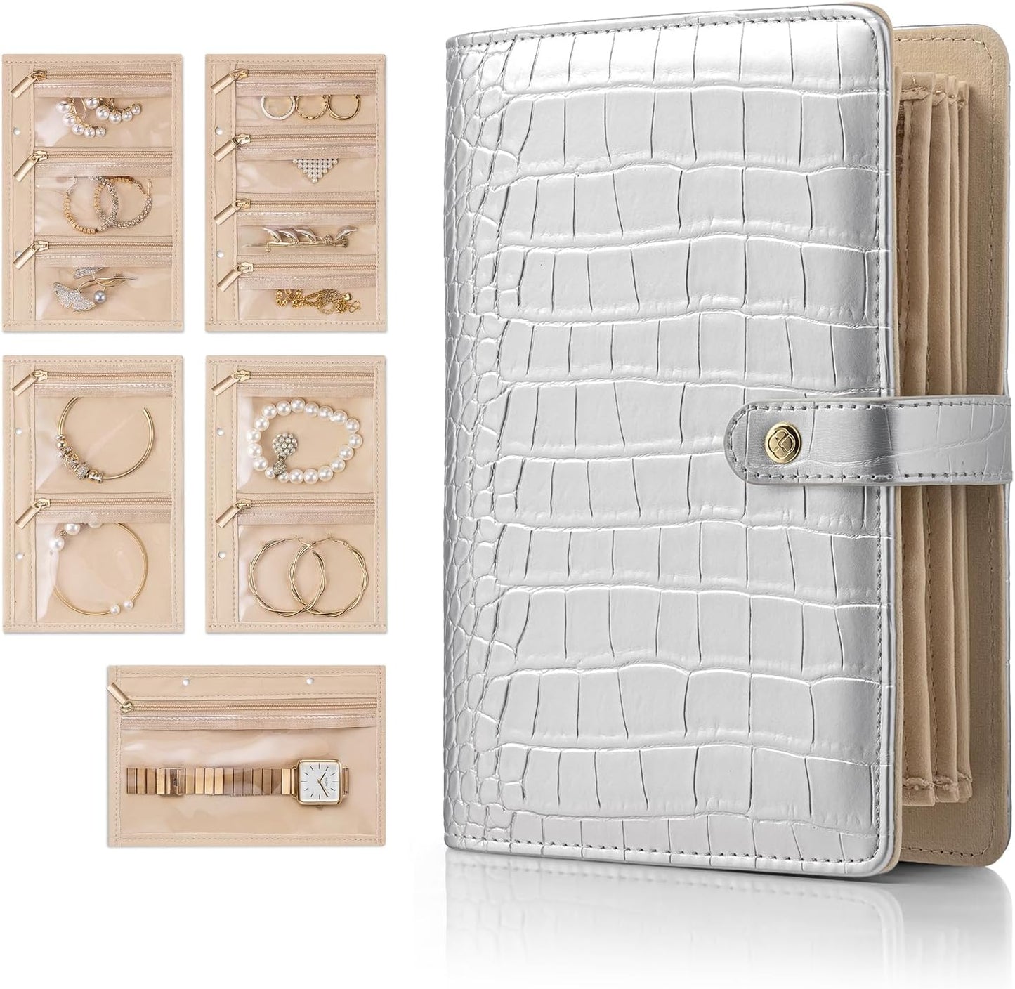 Jewelry Book Organizer - Leather Travel Jewelry Case with 5 Detachable Pages for Necklaces, Rings, Earrings, Tangle-Free, Giftable,Seashell Pink