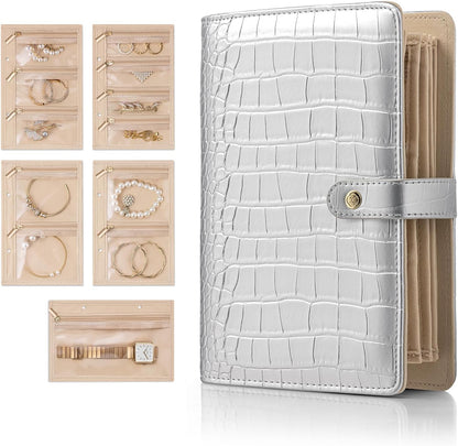 Jewelry Book Organizer - Leather Travel Jewelry Case with 5 Detachable Pages for Necklaces, Rings, Earrings, Tangle-Free, Giftable,Seashell Pink