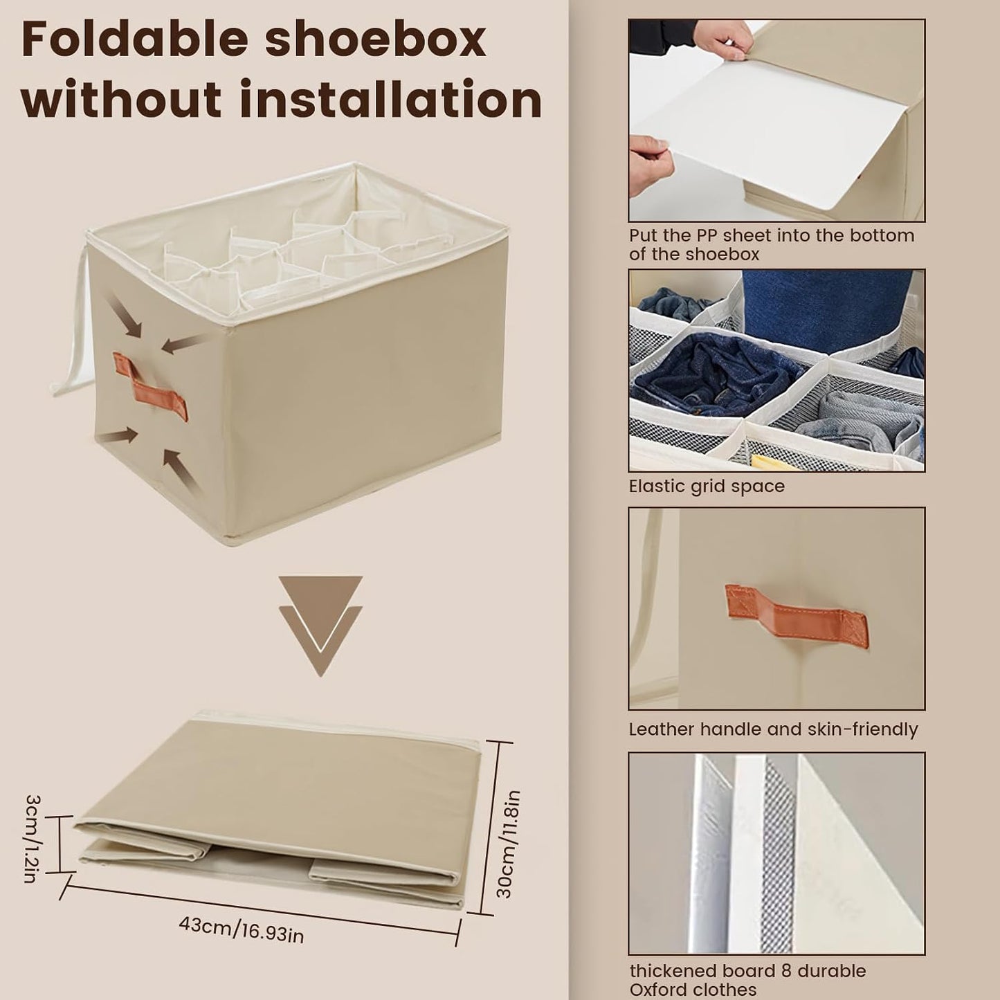 Foldable Shoe Storage Organizer with 12 Compartments, Stackable Closet Shoe Box with Clear Window and Removable Dividers, Holds 6-12 Pairs