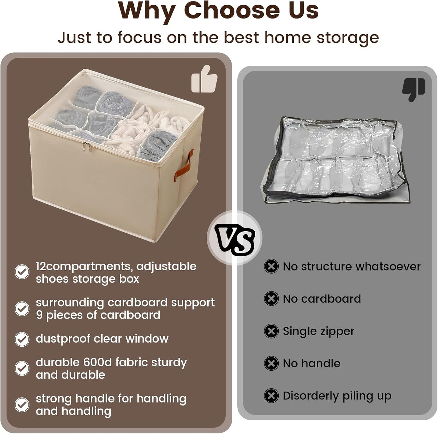 Foldable Shoe Storage Organizer with 12 Compartments, Stackable Closet Shoe Box with Clear Window and Removable Dividers, Holds 6-12 Pairs