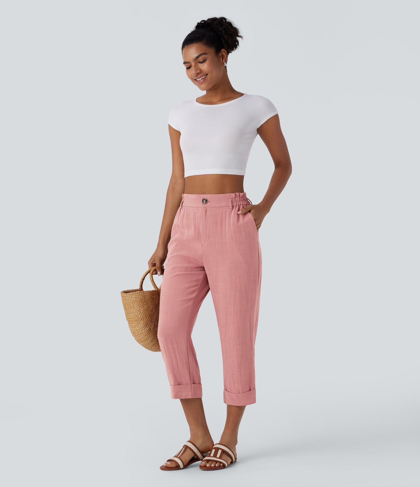 High Waisted Button Zipper Side Pocket Capri Resort Linen-Feel Pants