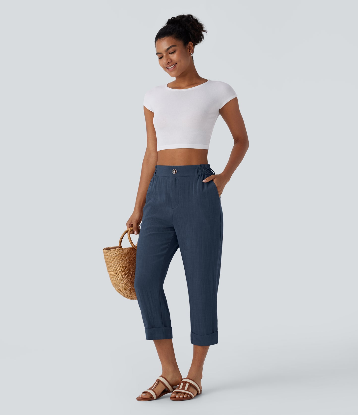 High Waisted Button Zipper Side Pocket Capri Resort Linen-Feel Pants