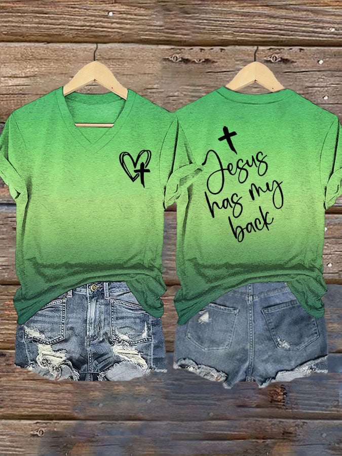 Women's Jesus Has My Back Print V Neck T-Shirt