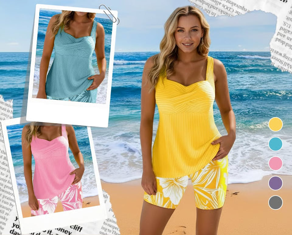 The ‘Sun-Drenched’ Tankini: Vibrant Ribbed & Floral Set