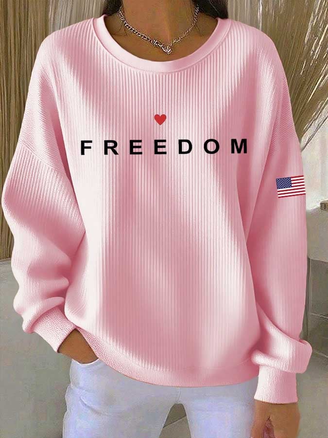 Women's Freedom Flag Print Knitted Crew Neck Long Sleeve Top