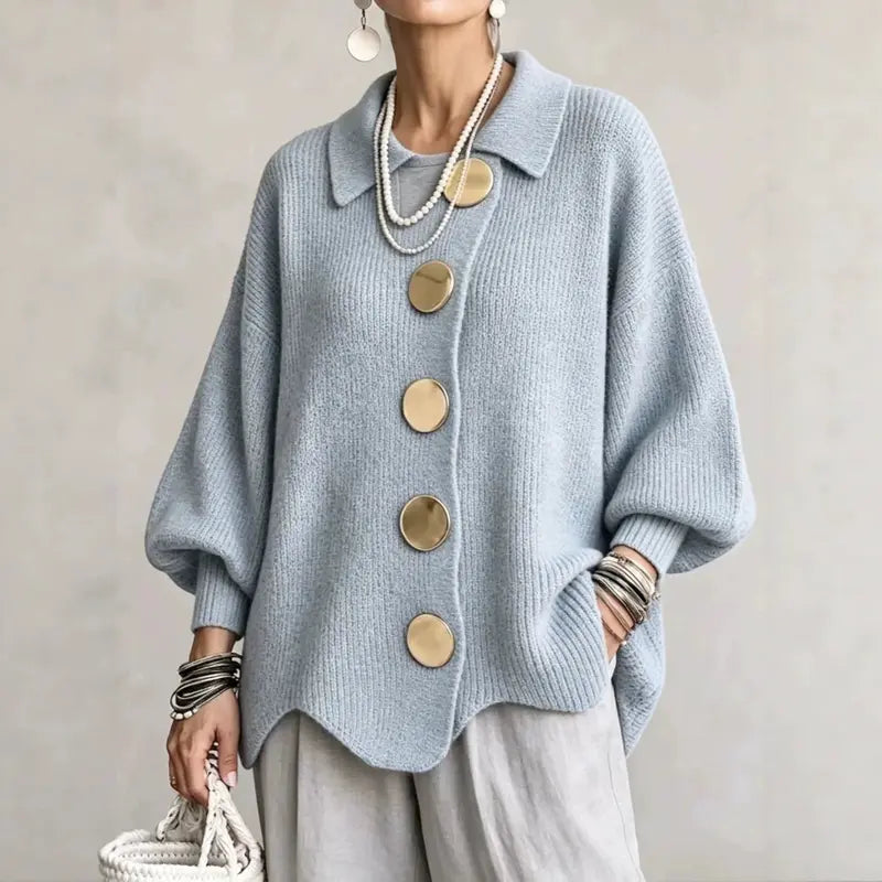 Women's French Lapel Knit Cardigan – Loose Sweater Coat with Big Metal Buttons & Lantern Sleeves