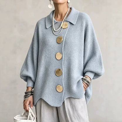 Women's French Lapel Knit Cardigan – Loose Sweater Coat with Big Metal Buttons & Lantern Sleeves