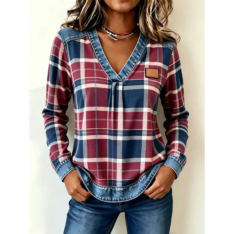 Colorblock Plaid V-Neck Long Sleeve Top — Faux Denim Patchwork Print, S–6XL