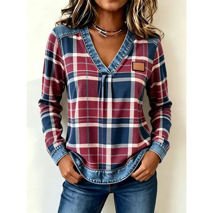 Colorblock Plaid V-Neck Long Sleeve Top — Faux Denim Patchwork Print, S–6XL