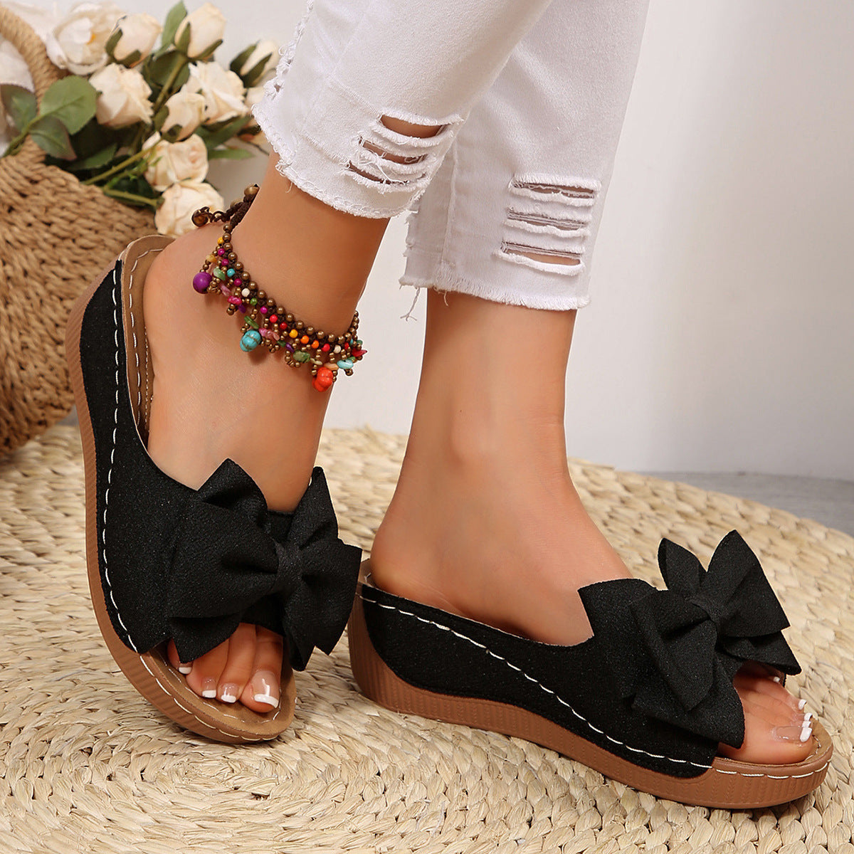 Women’s Liora Bow Flower Platform Wedge Slide Sandals – Peep-Toe Wide Strap Summer Slides