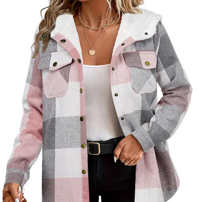 Women's Plaid Shacket Jacket - Hooded & Warm