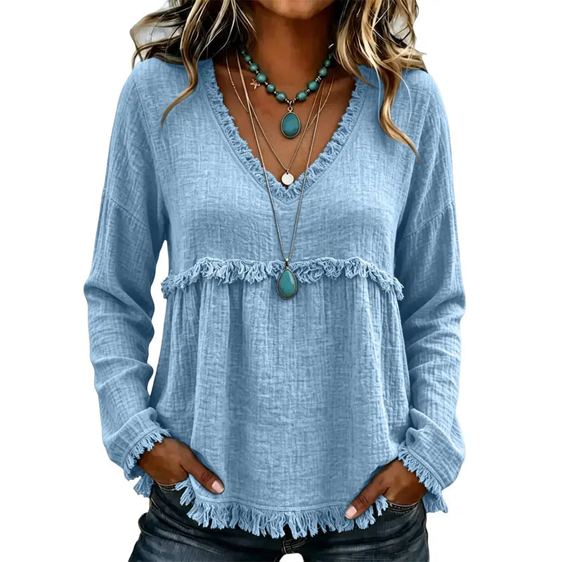 Women’s Boho V Neck Long Sleeve Fringe Top Plus Size S-3XL