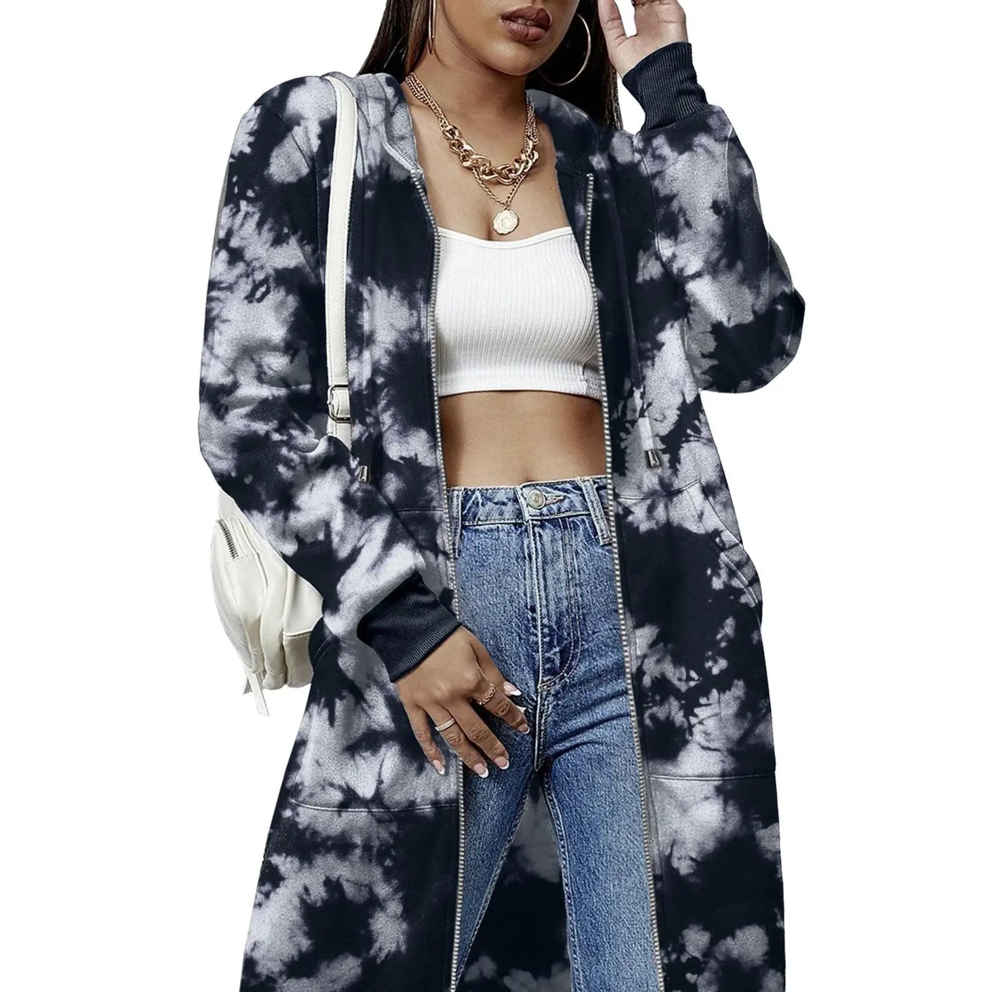 Women's Long Fleece Hoodie Tunic Jacket