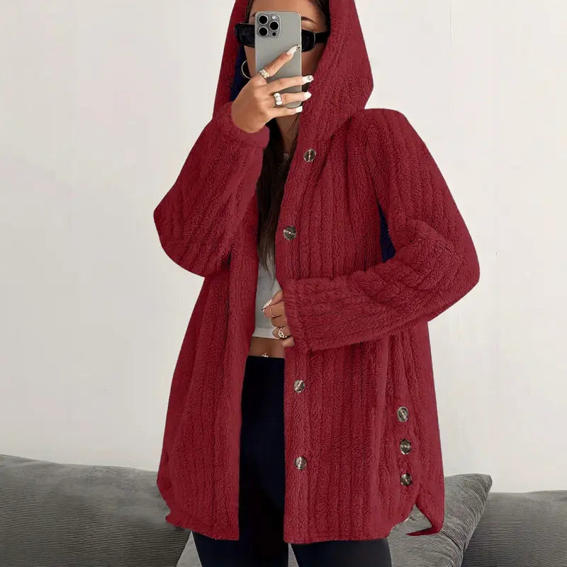 Women's Hooded Teddy Fleece Cardigan Jacket – Mid-Length Plush Coat with Button Front & Side Slits, Relaxed Fit Fall/Winter Outerwear