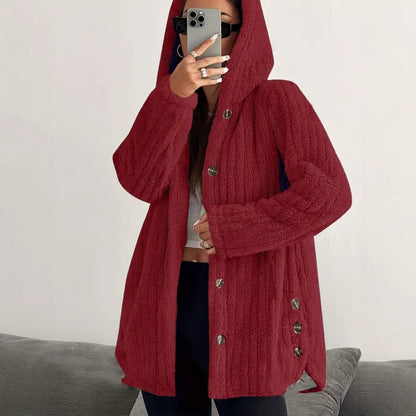 Women's Hooded Teddy Fleece Cardigan Jacket – Mid-Length Plush Coat with Button Front & Side Slits, Relaxed Fit Fall/Winter Outerwear