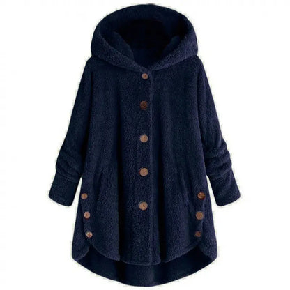 Women's Plush Round Neck Winter Coat – Thick Warm Button-Front Jacket with Asymmetric Hem