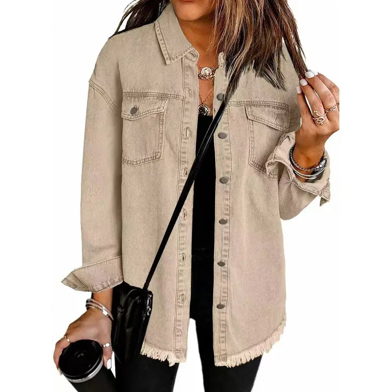 Washed Denim Shirt Jacket — Oversized Frayed-Hem Denim Overshirt