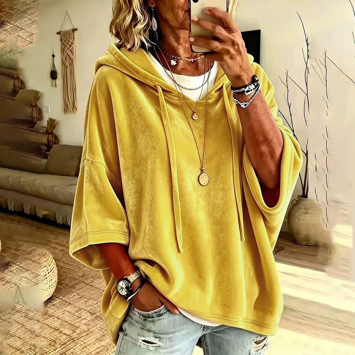 Women’s Minimalist Velour Hoodie, Loose Fit 3/4 Sleeves Hood