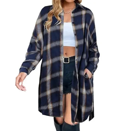 Women's Plaid Flannel Shacket — Button-Down Collared Long Jacket