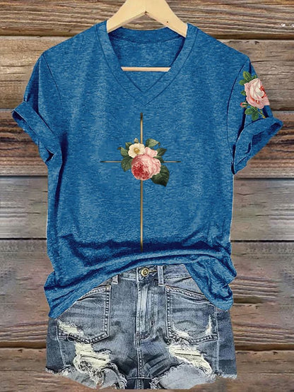 Women's Vintage Floral Metal Cross Print Short Sleeve T-Shirt