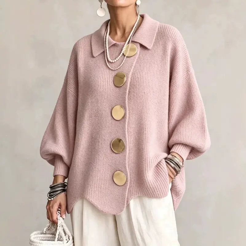 Women's French Lapel Knit Cardigan – Loose Sweater Coat with Big Metal Buttons & Lantern Sleeves