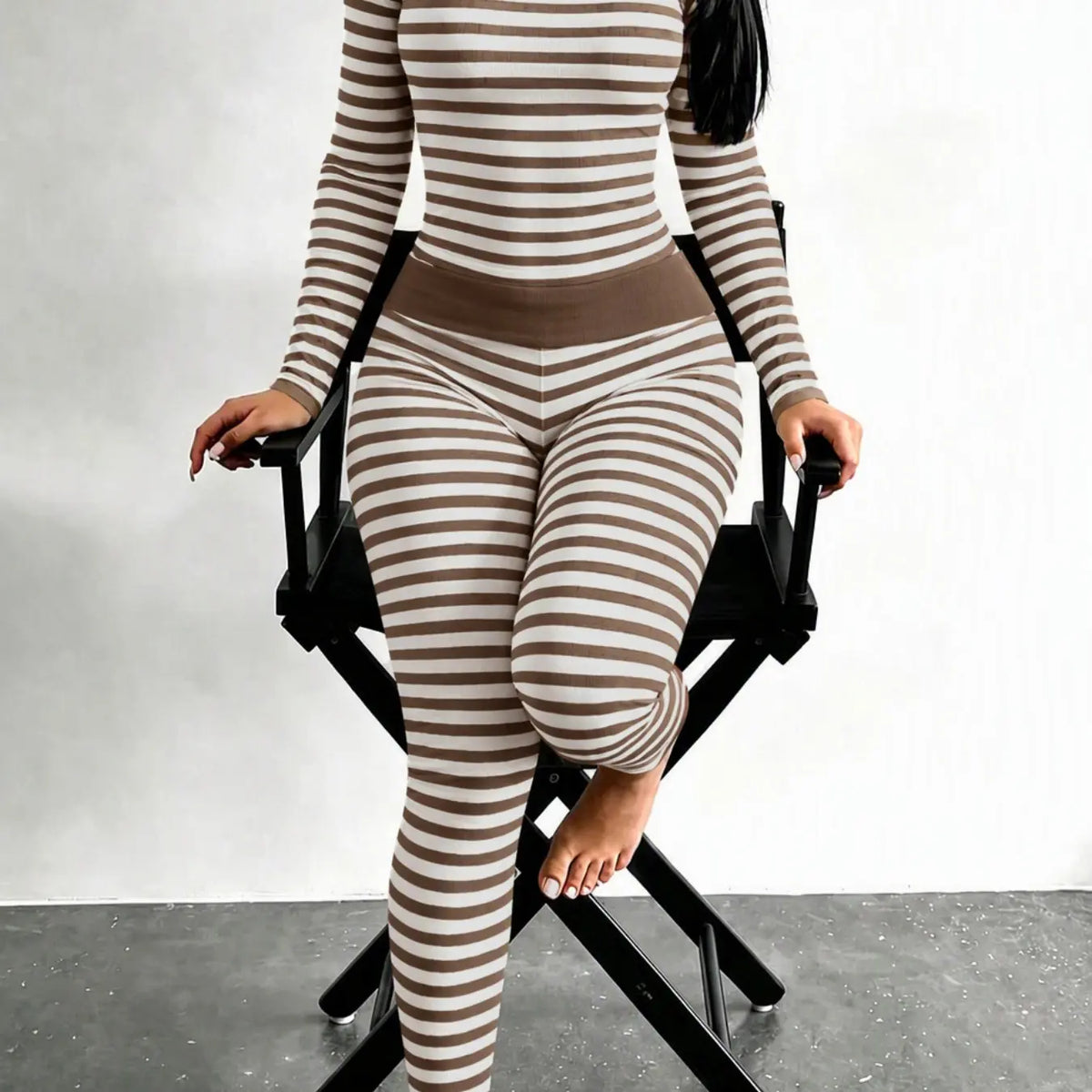 Women's Striped Pajama Set – Slim-Fit Long Sleeve Top & Fold-Over Waist Pants Loungewear