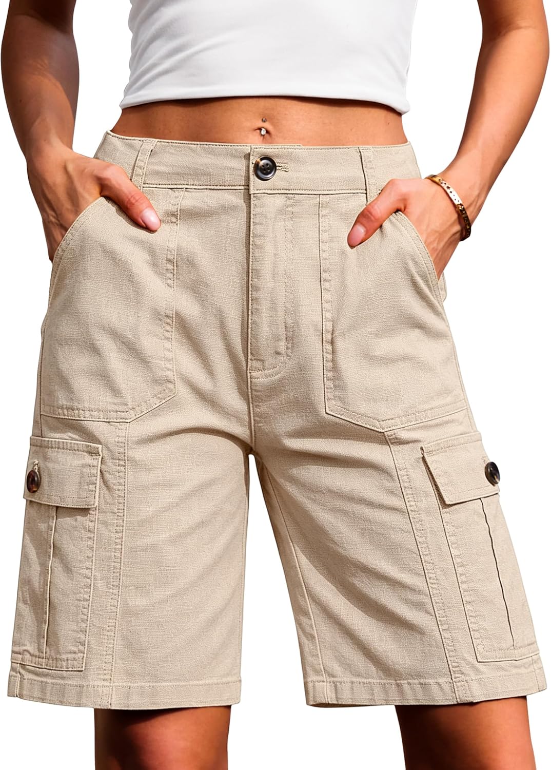 Eddoyee Bermuda Cargo Shorts for Women Casual Long Knee Length High Waisted Stretch Wide Leg Relaxed Fit