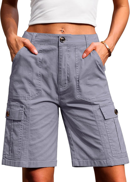 Eddoyee Bermuda Cargo Shorts for Women Casual Long Knee Length High Waisted Stretch Wide Leg Relaxed Fit