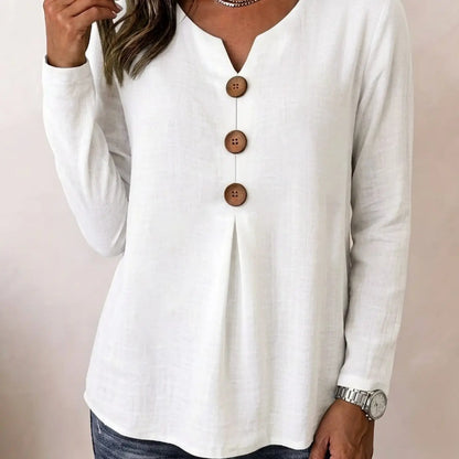 Women's Vintage Big Button V-Neck Long Sleeve Blouse – Casual Solid Color Top