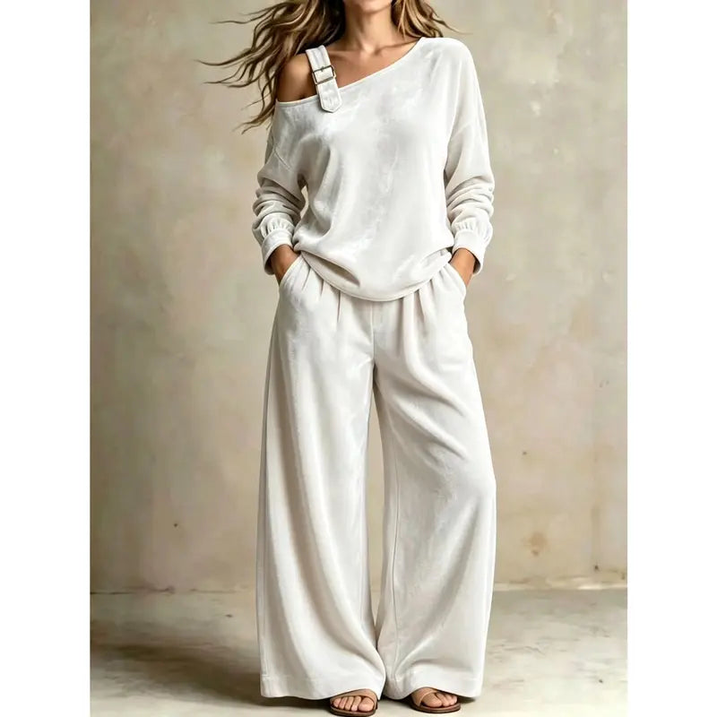 Women's Velvet One-Shoulder Top & Pants Two-Piece Set – Casual Fall Winter Lounge Outfit