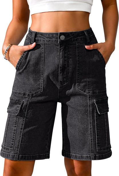 Eddoyee Bermuda Cargo Shorts for Women Casual Long Knee Length High Waisted Stretch Wide Leg Relaxed Fit