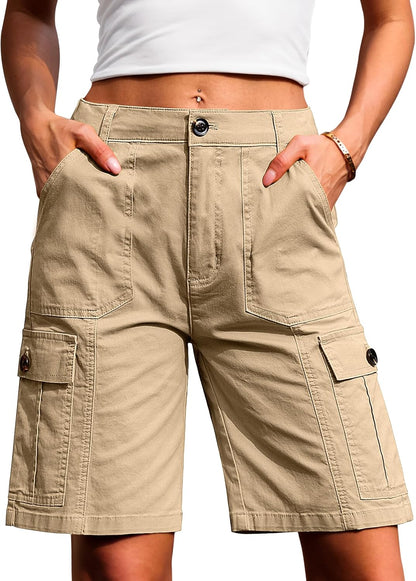Eddoyee Bermuda Cargo Shorts for Women Casual Long Knee Length High Waisted Stretch Wide Leg Relaxed Fit