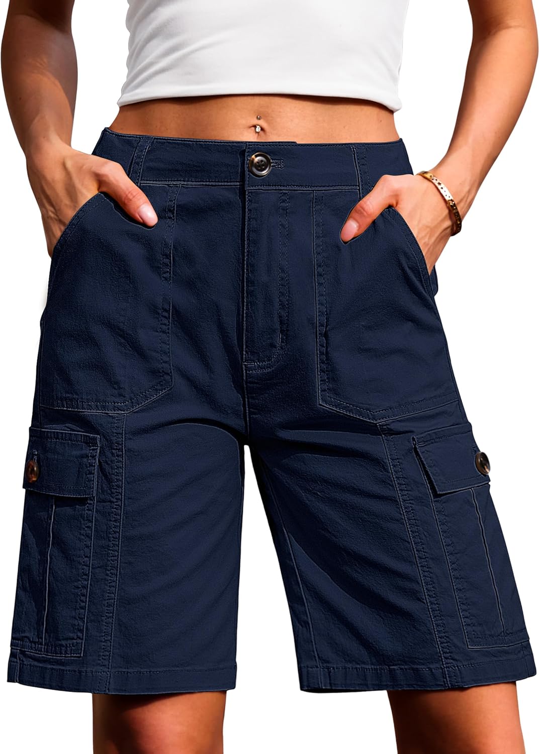 Eddoyee Bermuda Cargo Shorts for Women Casual Long Knee Length High Waisted Stretch Wide Leg Relaxed Fit